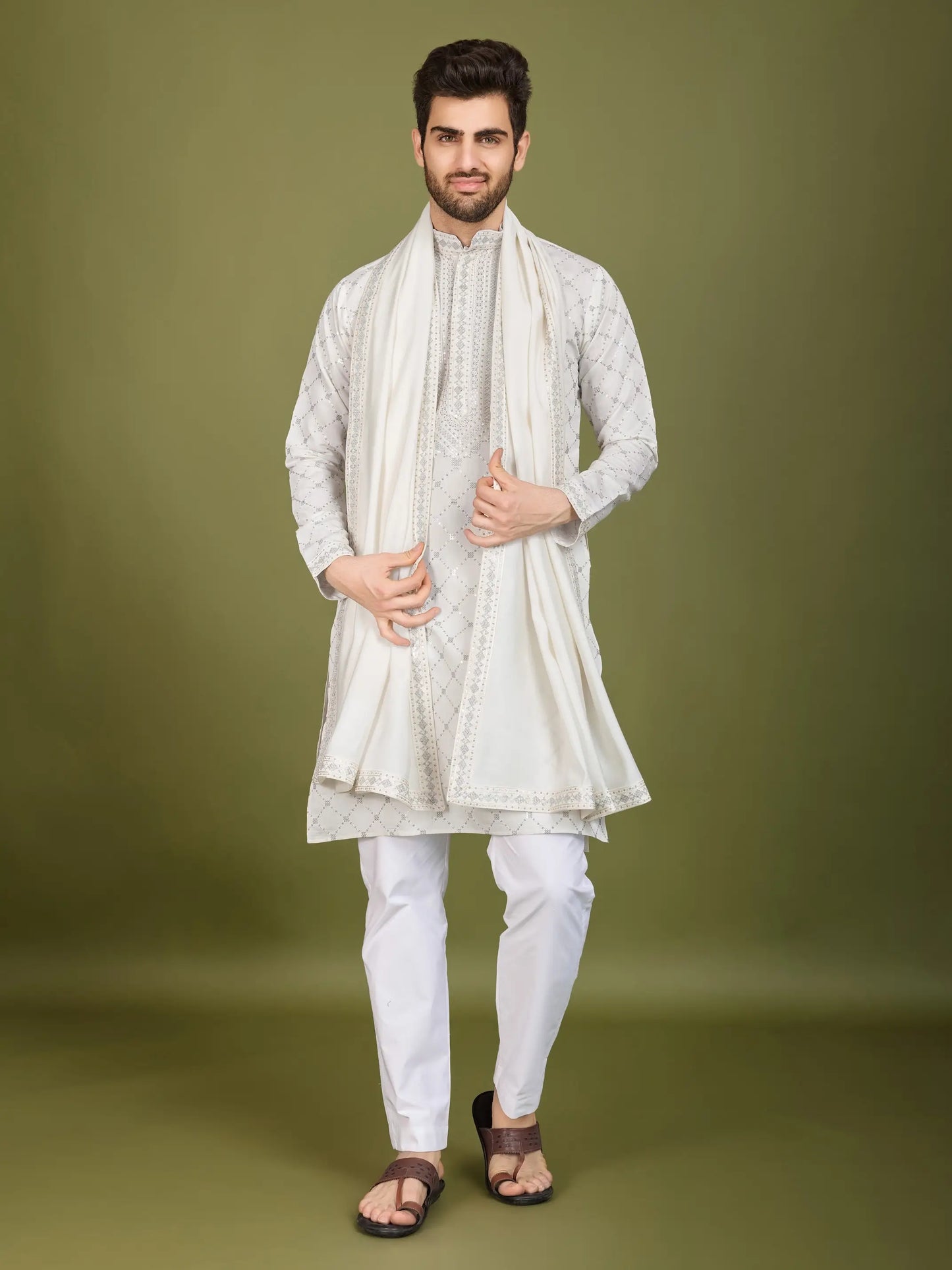 White Silk Thread & Sequence Embroidered Work Kurta With Pant & Dupatta