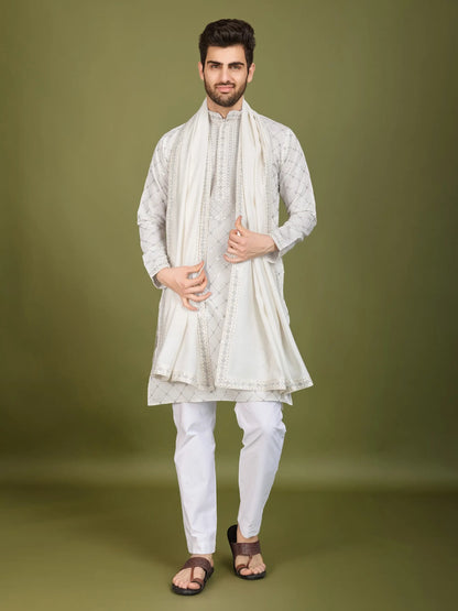 White Silk Thread & Sequence Embroidered Work Kurta With Pant & Dupatta