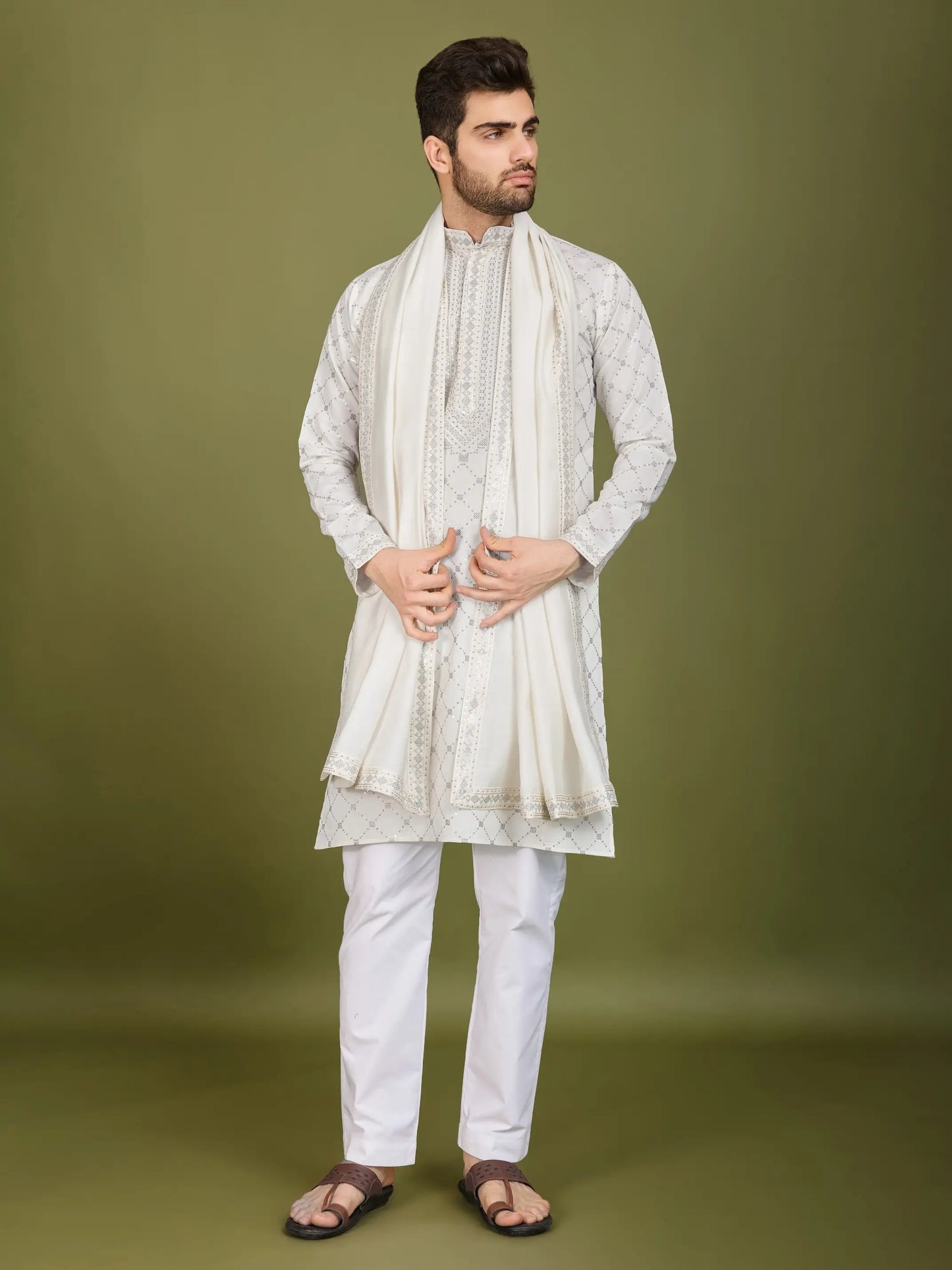 White Silk Thread & Sequence Embroidered Work Kurta With Pant & Dupatta