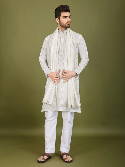 White Silk Thread & Sequence Embroidered Work Kurta With Pant & Dupatta