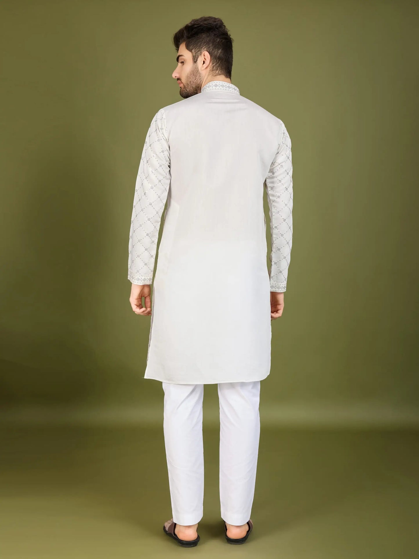 White Silk Thread & Sequence Embroidered Work Kurta With Pant & Dupatta