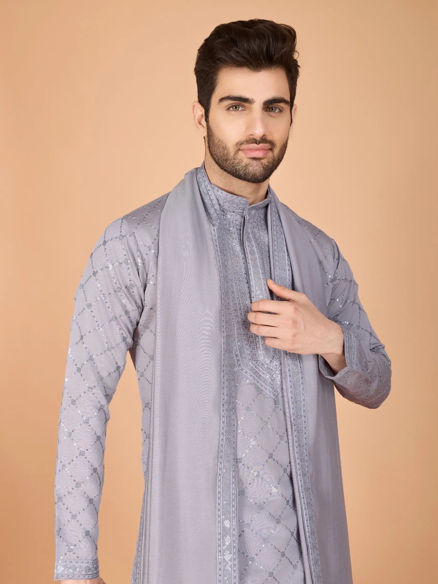 Grey Silk Thread & Sequence Embroidered Work Kurta With Pant & Dupatta