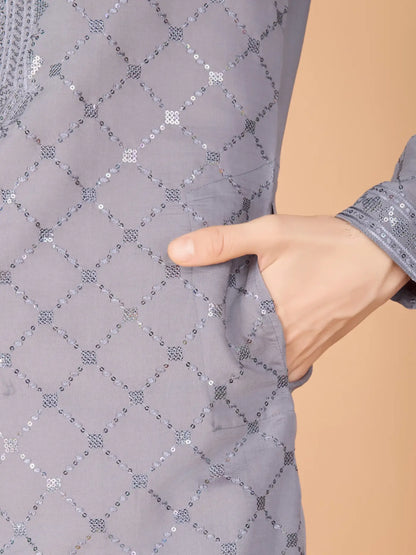 Grey Silk Thread & Sequence Embroidered Work Kurta With Pant & Dupatta