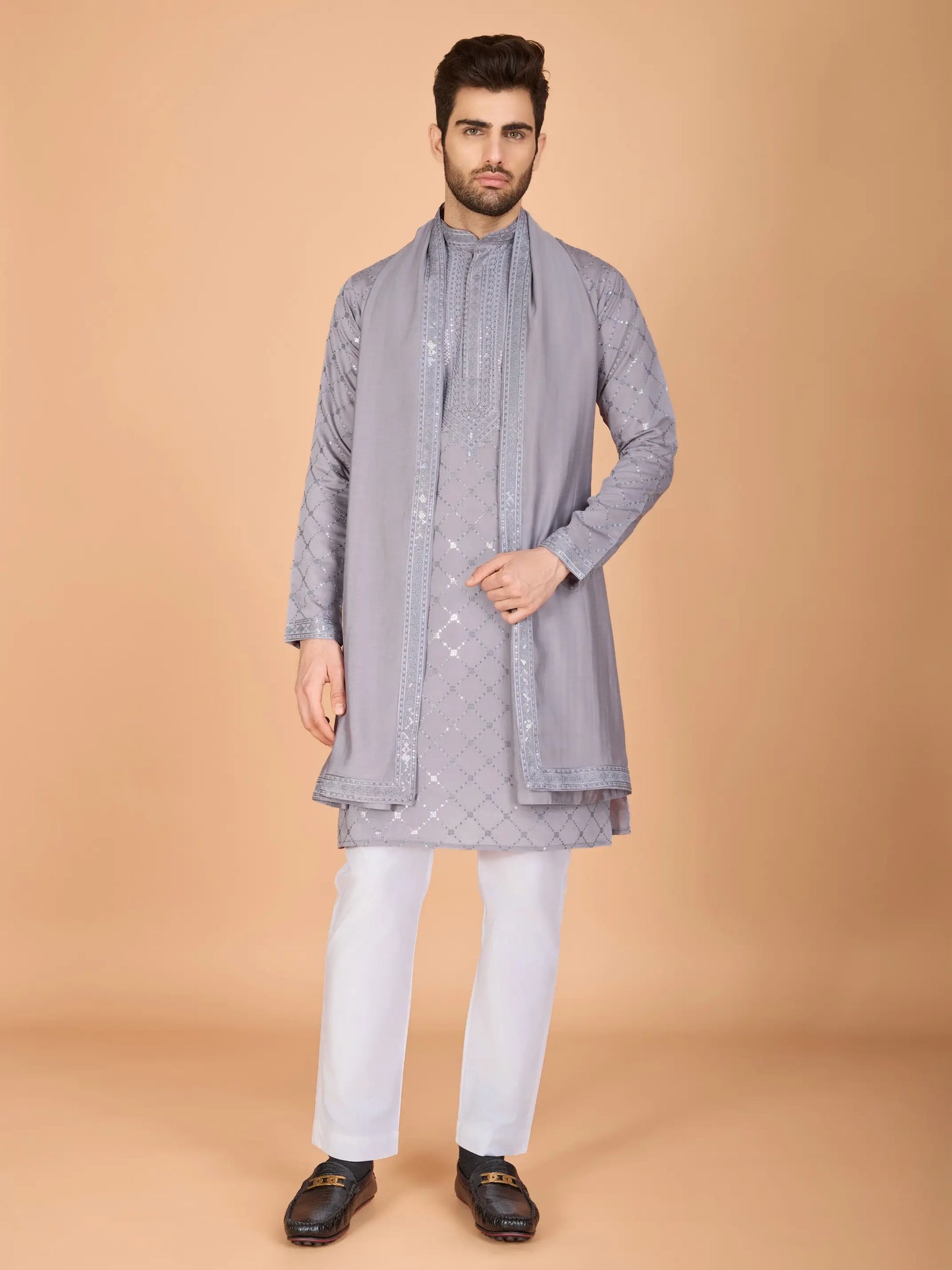 Grey Silk Thread & Sequence Embroidered Work Kurta With Pant & Dupatta