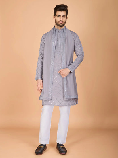 Grey Silk Thread & Sequence Embroidered Work Kurta With Pant & Dupatta