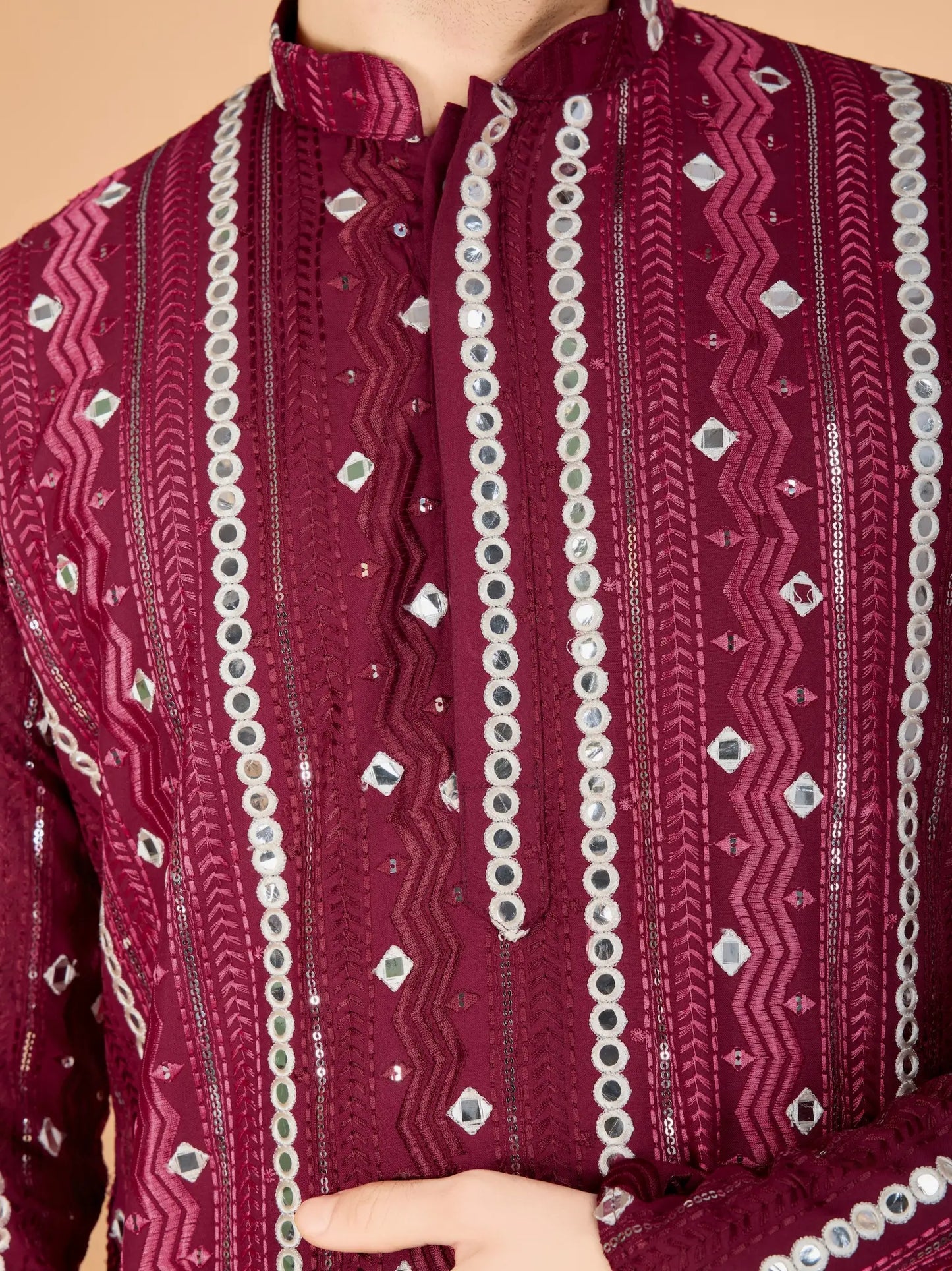 Maroon Rayon Kurta With Thread, Sequins & Foil Mirror Embroidered Work