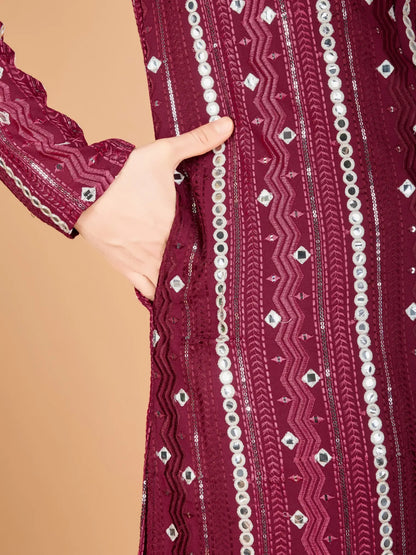 Maroon Rayon Kurta With Thread, Sequins & Foil Mirror Embroidered Work