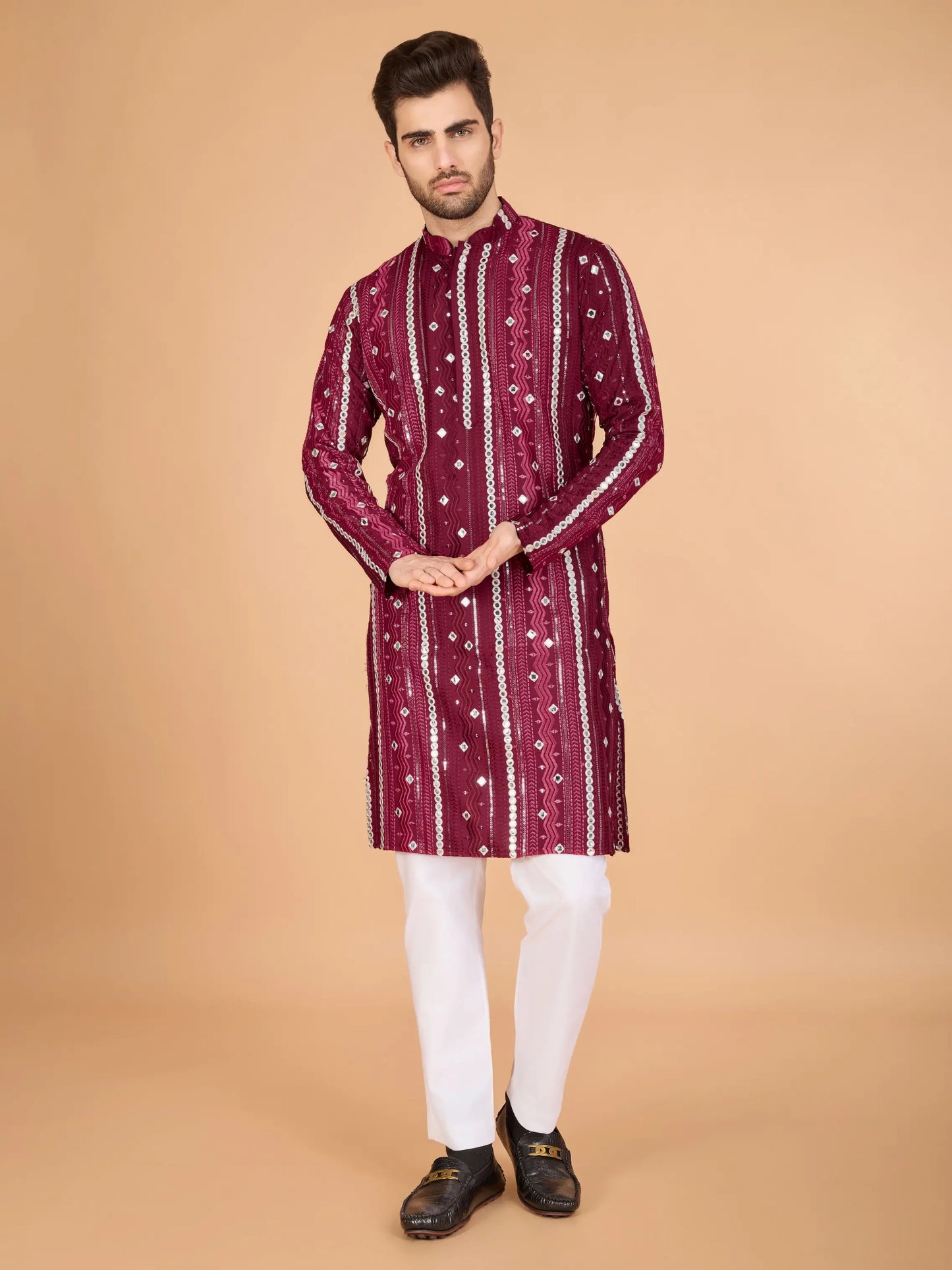 Maroon Rayon Kurta With Thread, Sequins & Foil Mirror Embroidered Work