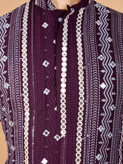 Purple Rayon Kurta With Thread, Sequins & Foil Mirror Embroidered Work