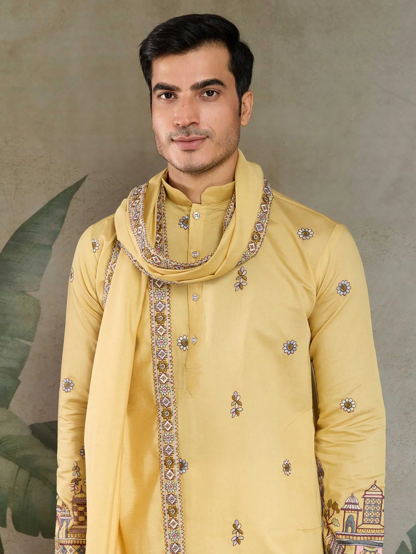 Yellow Viscose Silk Thread & Sequence Embroidered Work Kurta With Pant & Dupatta