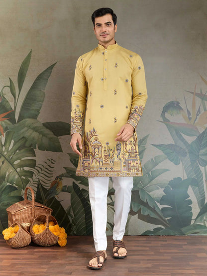 Yellow Viscose Silk Thread & Sequence Embroidered Work Kurta With Pant & Dupatta