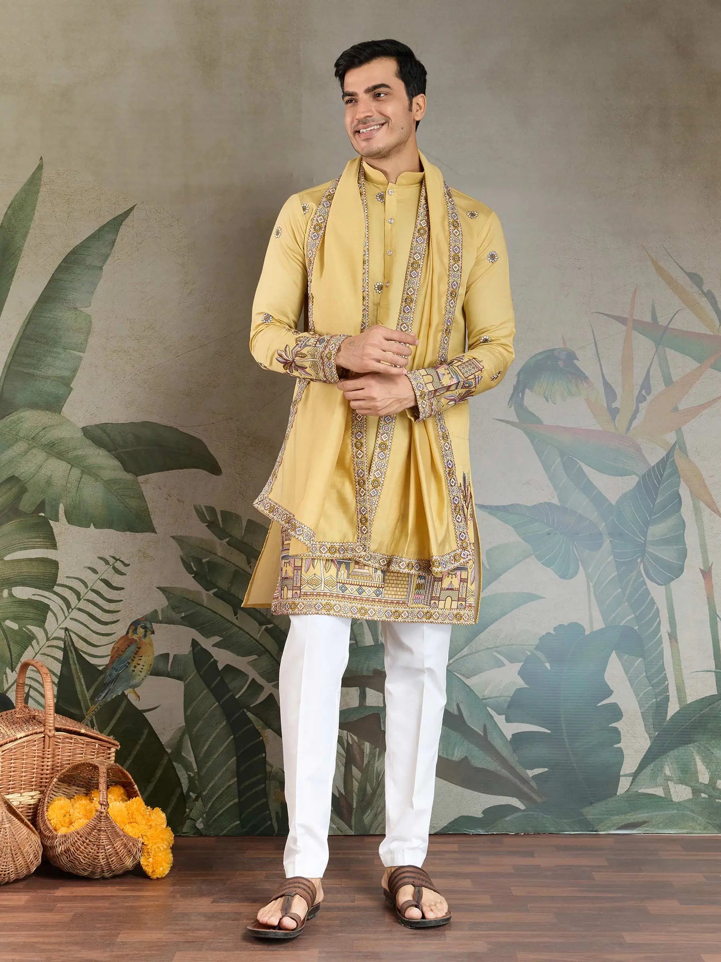 Yellow Viscose Silk Thread & Sequence Embroidered Work Kurta With Pant & Dupatta