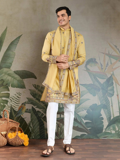 Yellow Viscose Silk Thread & Sequence Embroidered Work Kurta With Pant & Dupatta