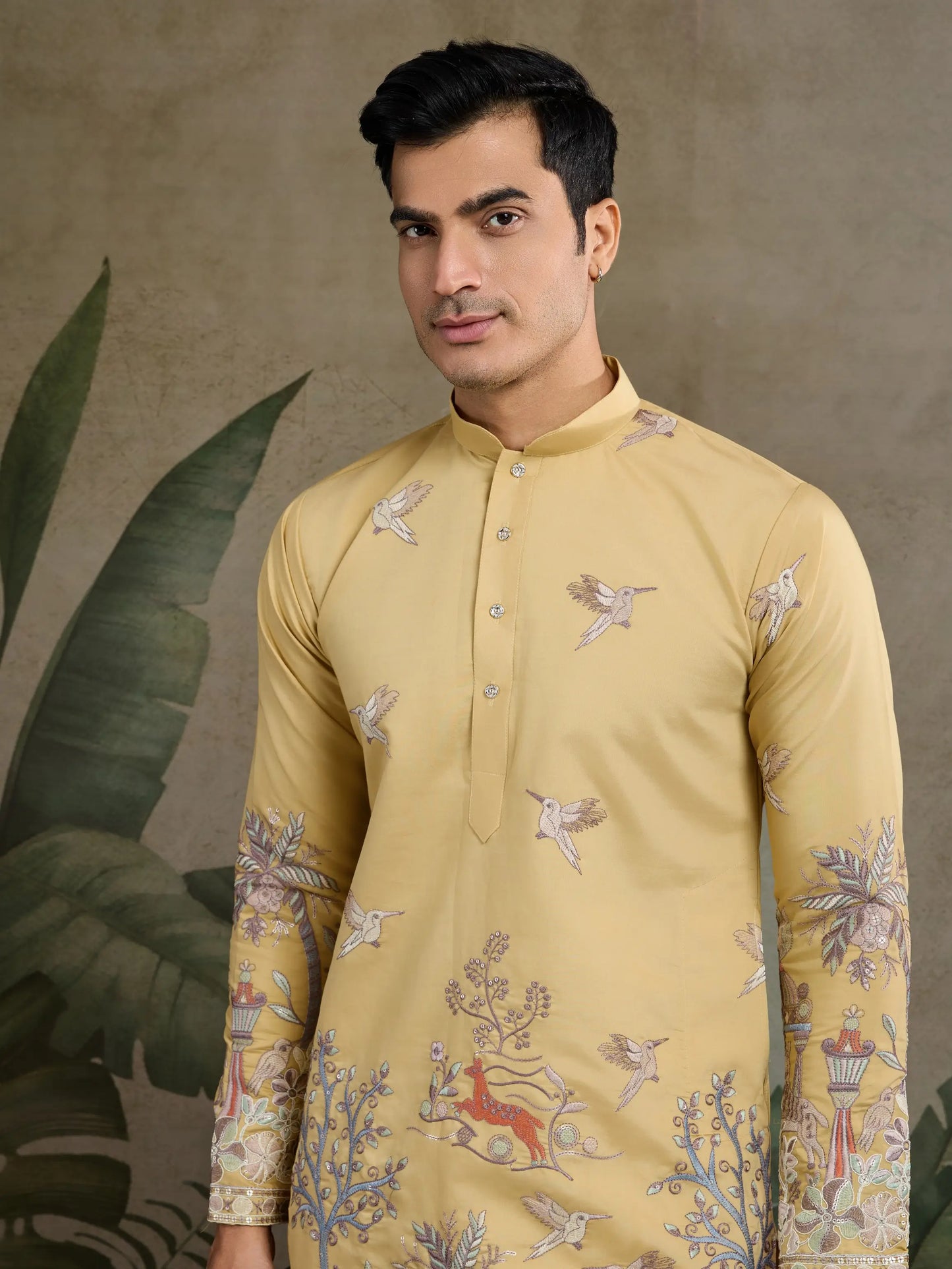 Yellow Viscose Silk Thread & Sequence Embroidered Work Kurta With Pant