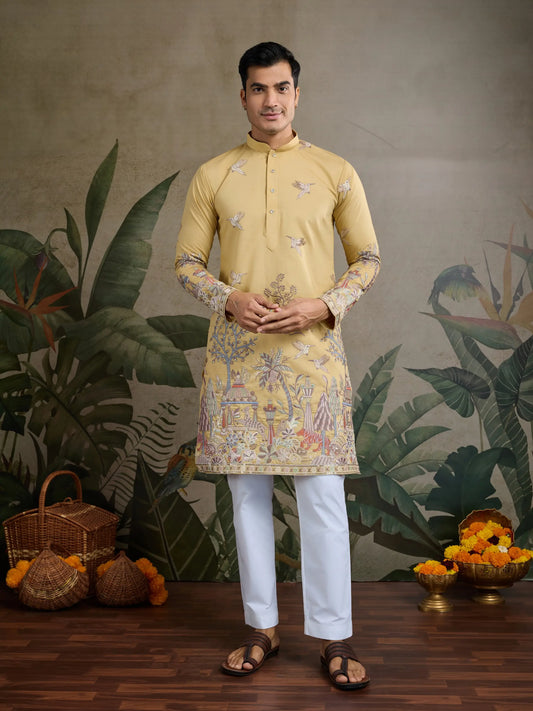 Yellow Viscose Silk Thread & Sequence Embroidered Work Kurta With Pant