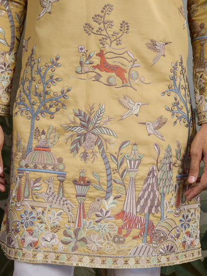 Yellow Viscose Silk Thread & Sequence Embroidered Work Kurta With Pant
