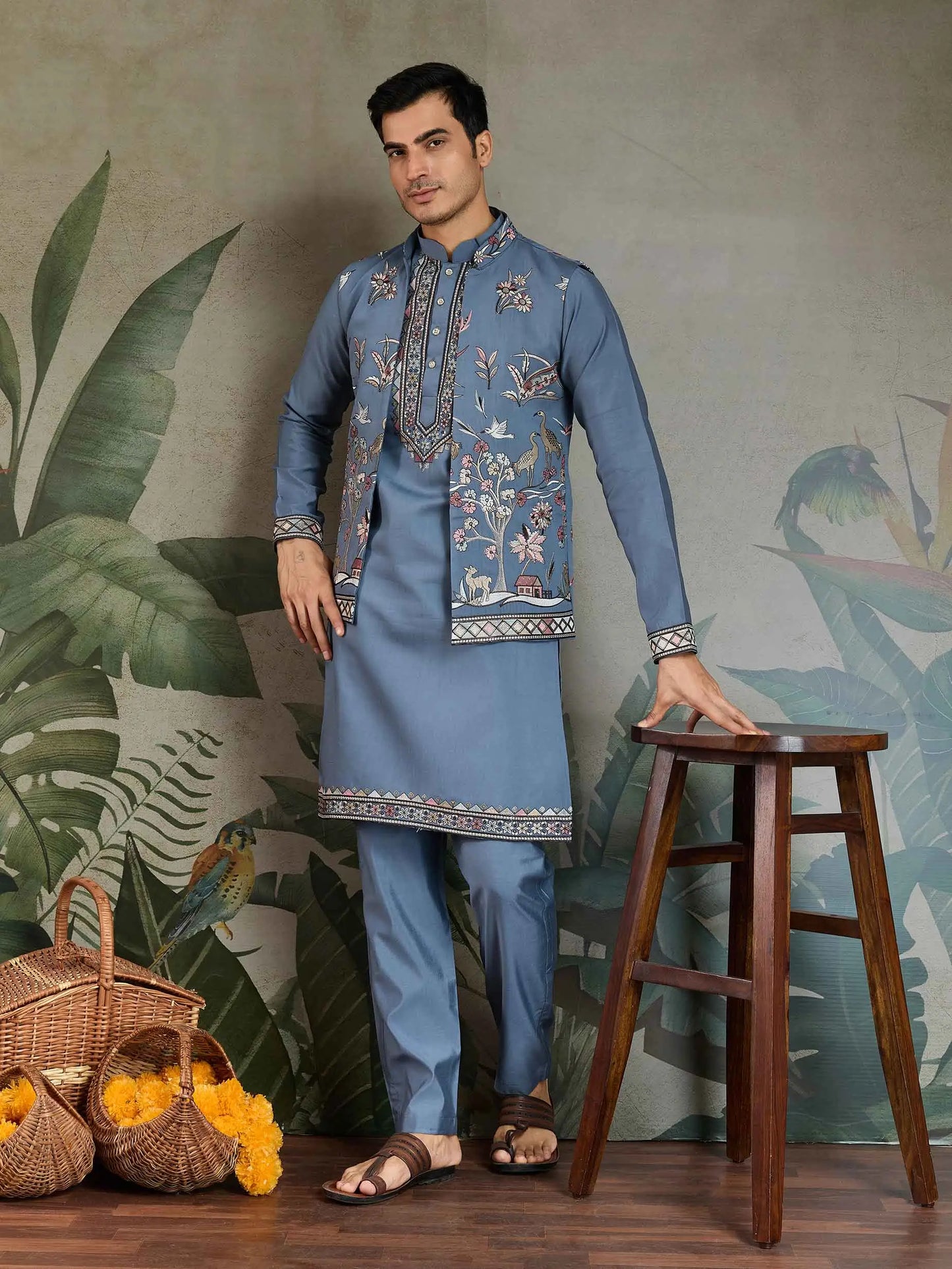 Blue Grey Silk Kurta Set With Thread Sequins Embroidery Work Koti(Jacket)
