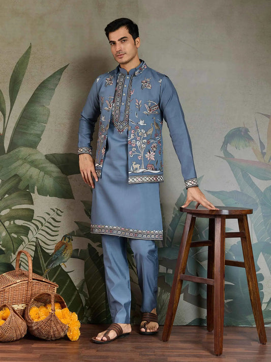 Blue Grey Silk Kurta Set With Thread Sequins Embroidery Work Koti(Jacket)