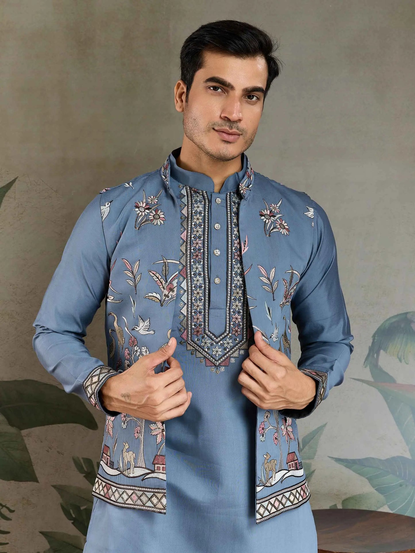Blue Grey Silk Kurta Set With Thread Sequins Embroidery Work Koti(Jacket)