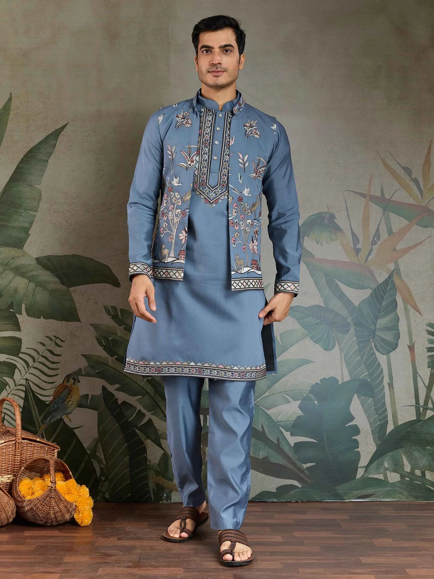 Blue Grey Silk Kurta Set With Thread Sequins Embroidery Work Koti(Jacket)