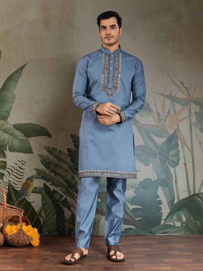 Blue Grey Silk Kurta Set With Thread Sequins Embroidery Work Koti(Jacket)