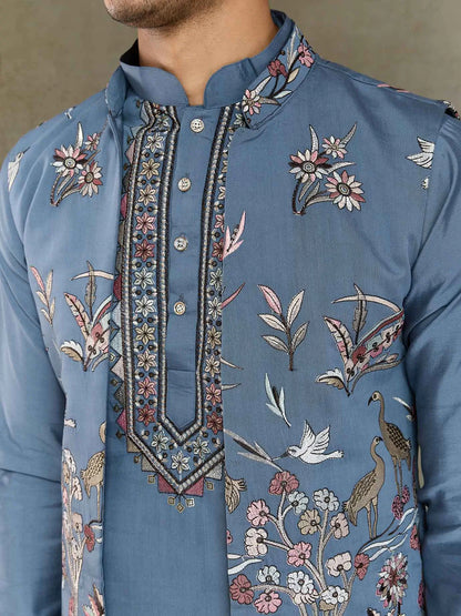 Blue Grey Silk Kurta Set With Thread Sequins Embroidery Work Koti(Jacket)