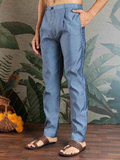 Blue Grey Silk Kurta Set With Thread Sequins Embroidery Work Koti(Jacket)