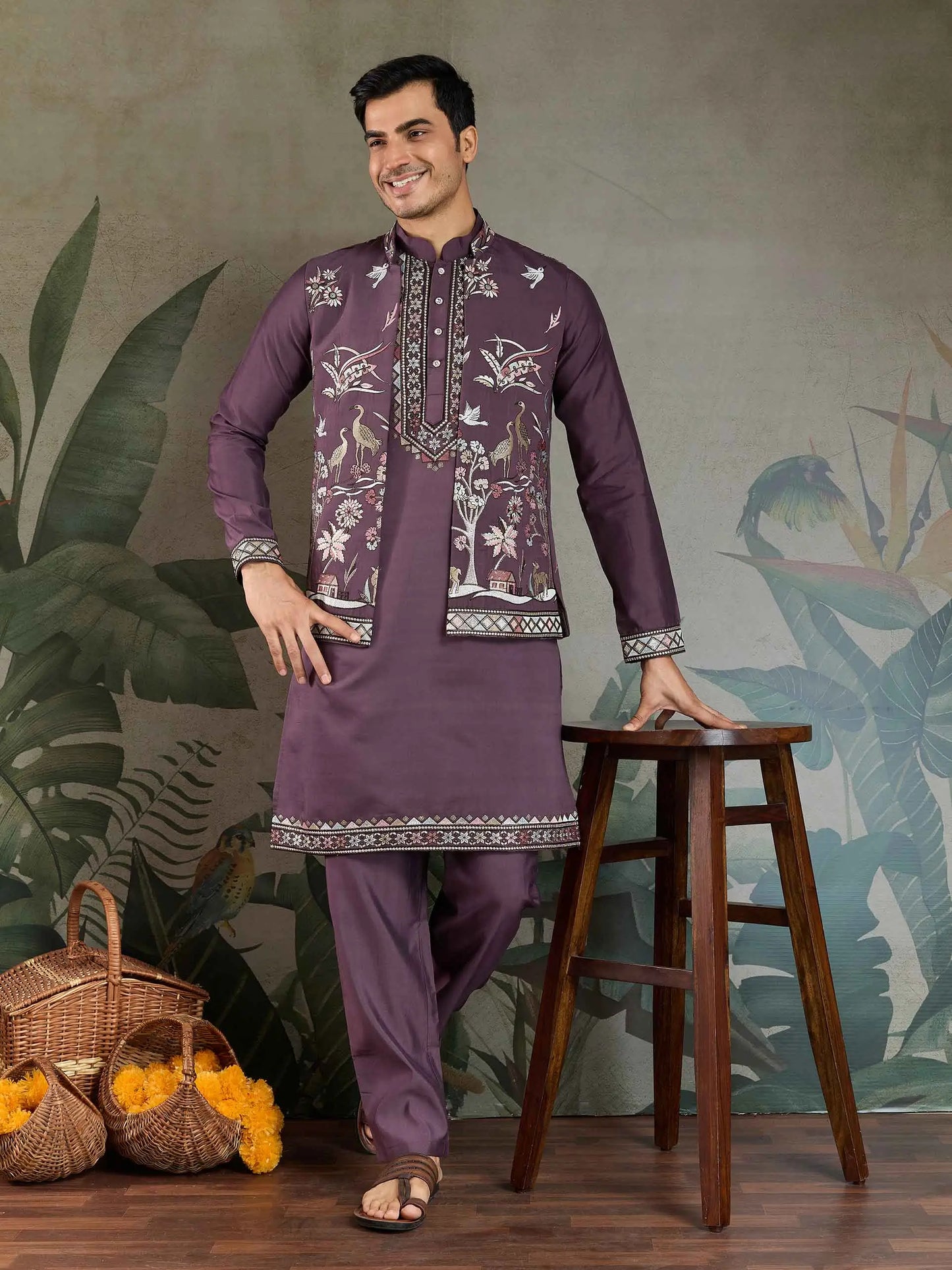 Rust Purple Thread Sequins Embroidery Work Wedding Wear Kurta And Koti(Jacket)