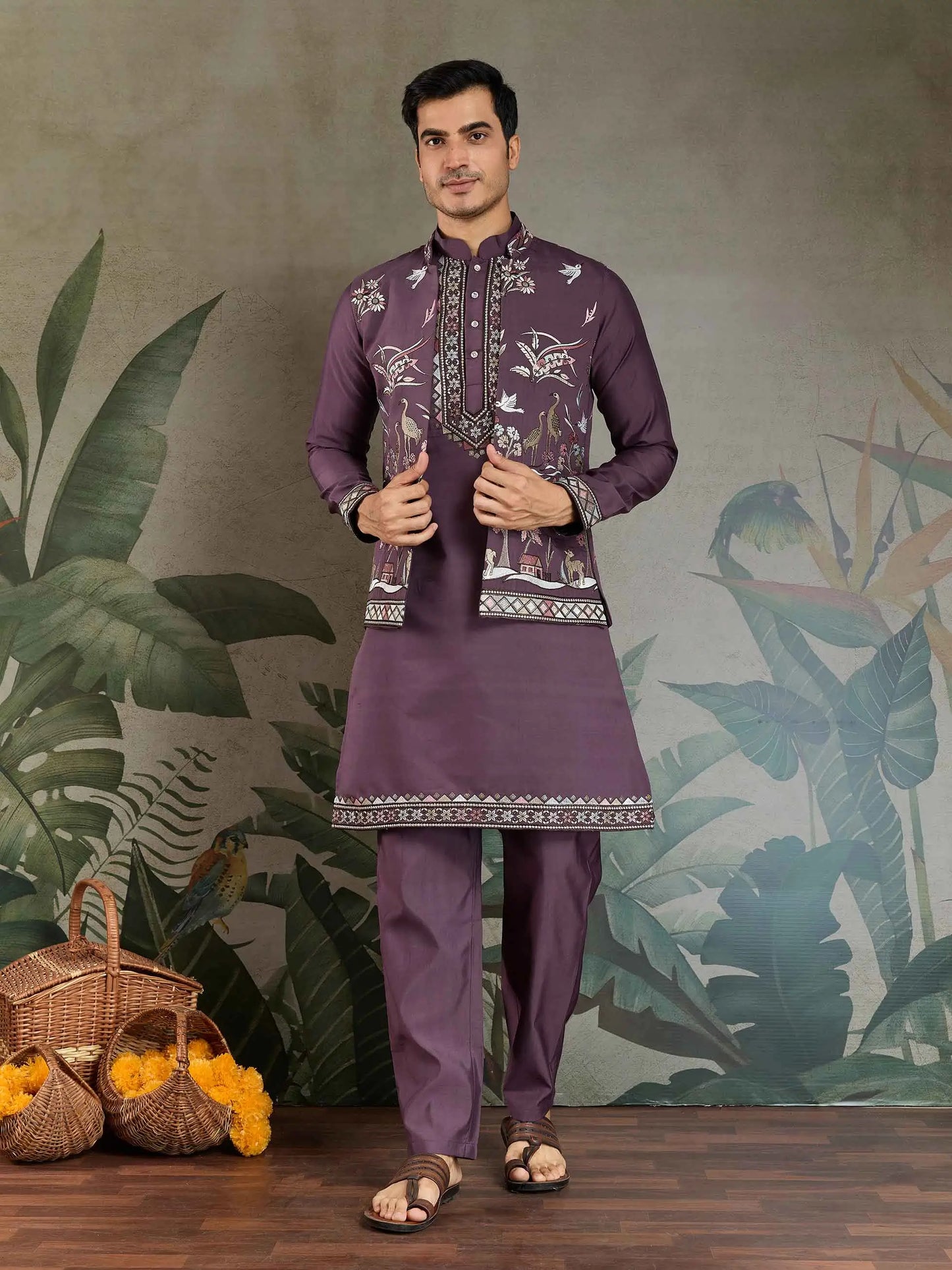 Rust Purple Thread Sequins Embroidery Work Wedding Wear Kurta And Koti(Jacket)