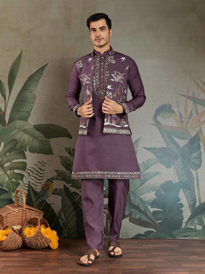 Rust Purple Thread Sequins Embroidery Work Wedding Wear Kurta And Koti(Jacket)