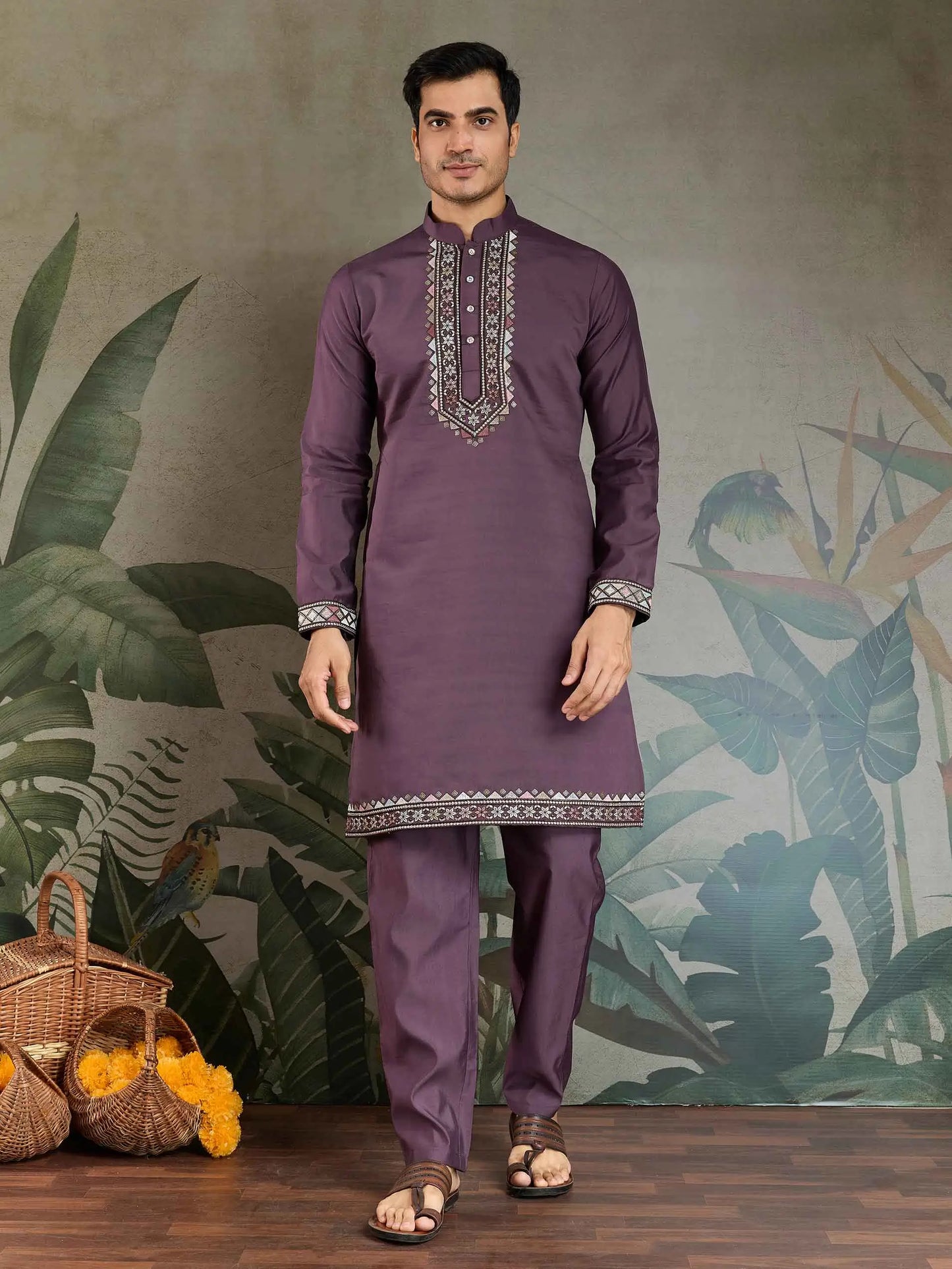 Rust Purple Thread Sequins Embroidery Work Wedding Wear Kurta And Koti(Jacket)