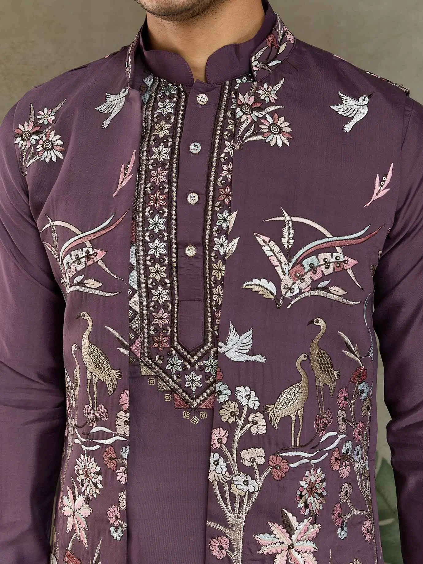 Rust Purple Thread Sequins Embroidery Work Wedding Wear Kurta And Koti(Jacket)