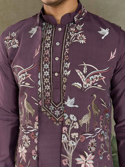 Rust Purple Thread Sequins Embroidery Work Wedding Wear Kurta And Koti(Jacket)