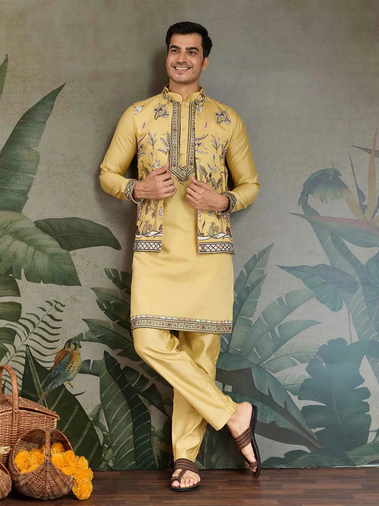 Yellow Wedding Wear Silk Kurta With Thread Sequins Embroidery Work Koti(Jacket)