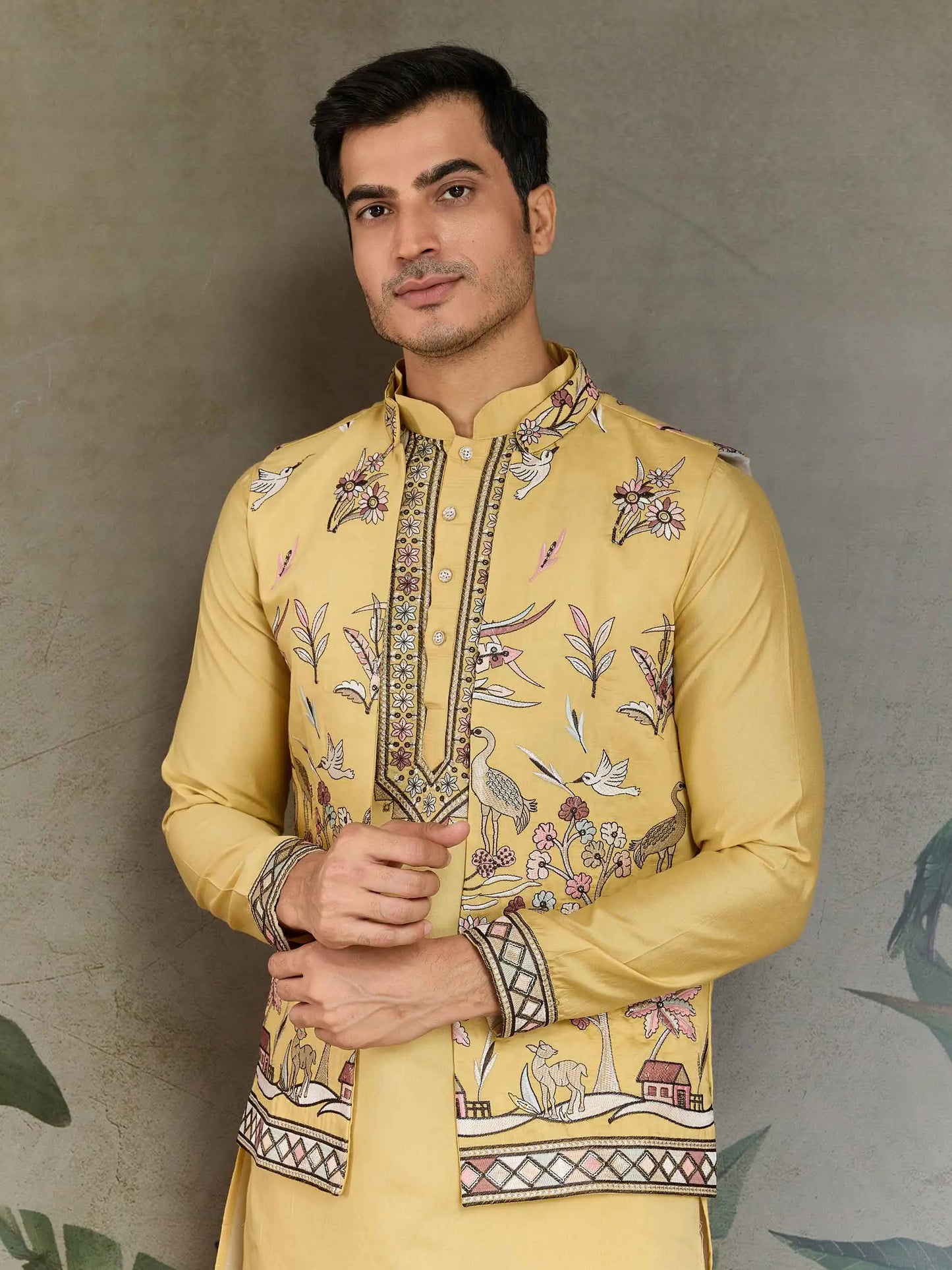Yellow Wedding Wear Silk Kurta With Thread Sequins Embroidery Work Koti(Jacket)
