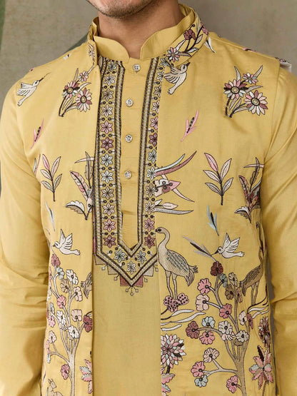Yellow Wedding Wear Silk Kurta With Thread Sequins Embroidery Work Koti(Jacket)