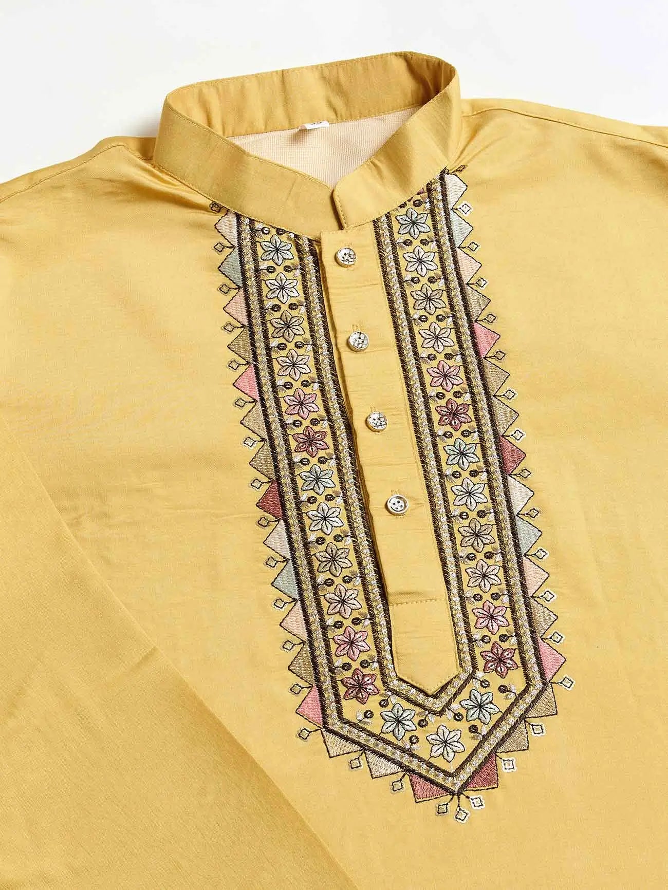Yellow Wedding Wear Silk Kurta With Thread Sequins Embroidery Work Koti(Jacket)