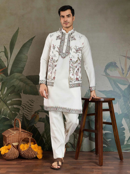White Thread Sequins Embroidery Work Wedding Wear Silk Kurta And Jacket
