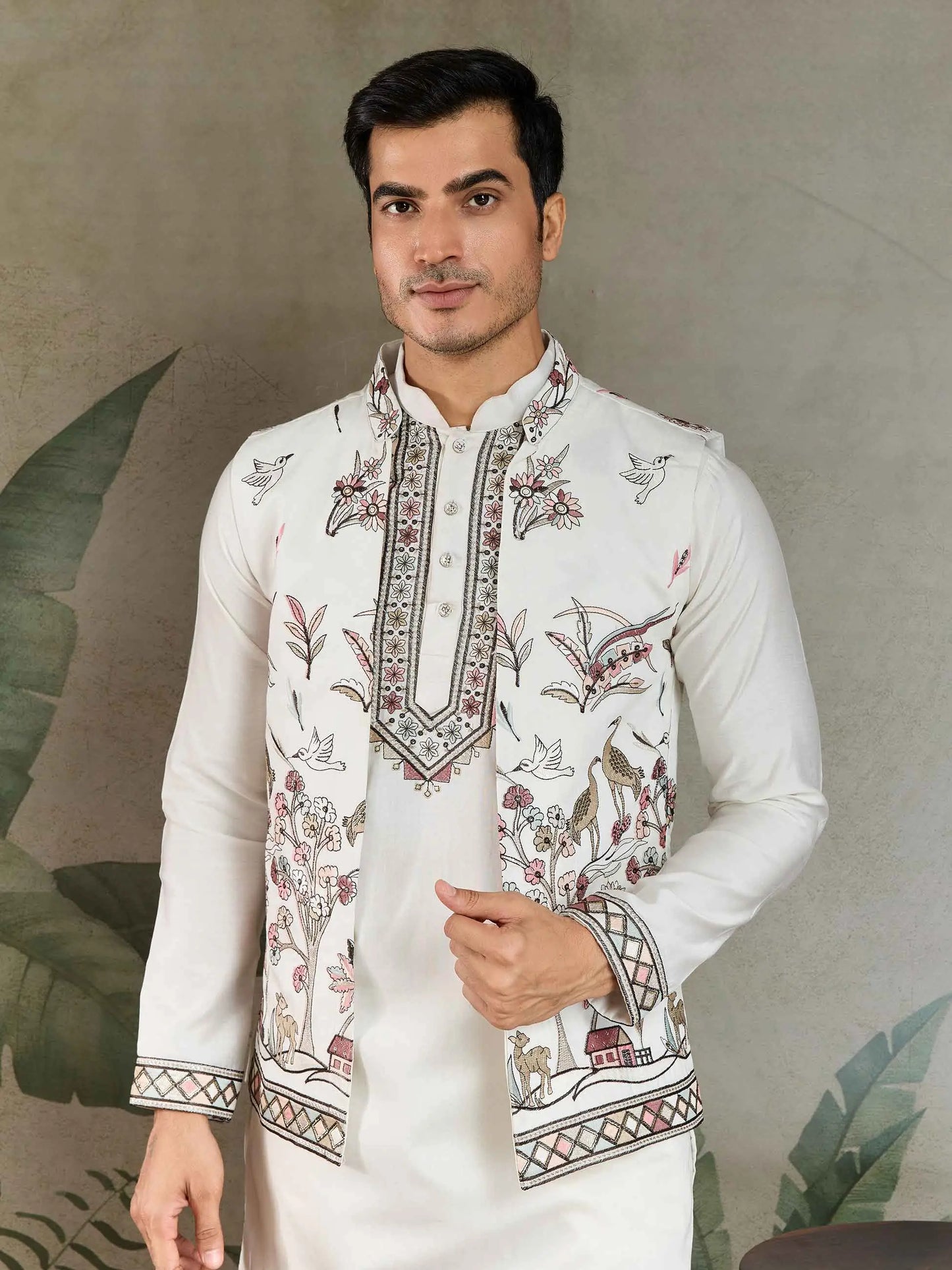 White Thread Sequins Embroidery Work Wedding Wear Silk Kurta And Jacket
