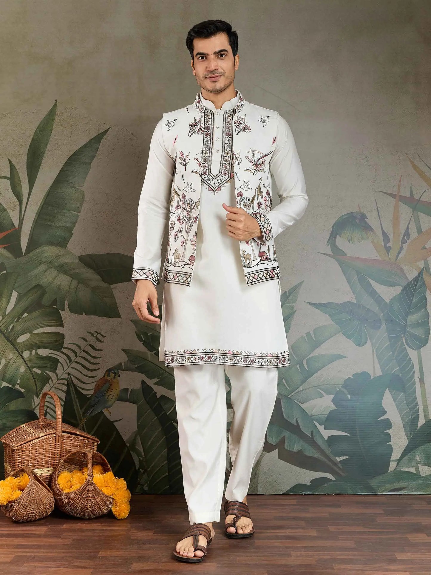 White Thread Sequins Embroidery Work Wedding Wear Silk Kurta And Jacket