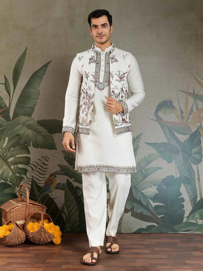 White Thread Sequins Embroidery Work Wedding Wear Silk Kurta And Jacket
