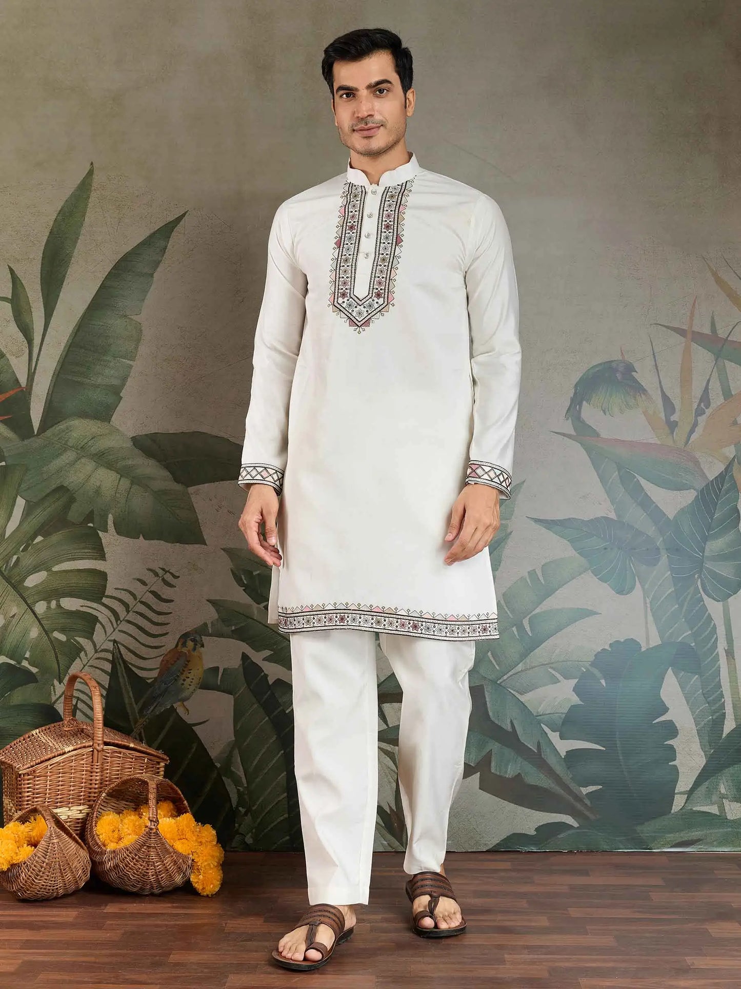 White Thread Sequins Embroidery Work Wedding Wear Silk Kurta And Jacket