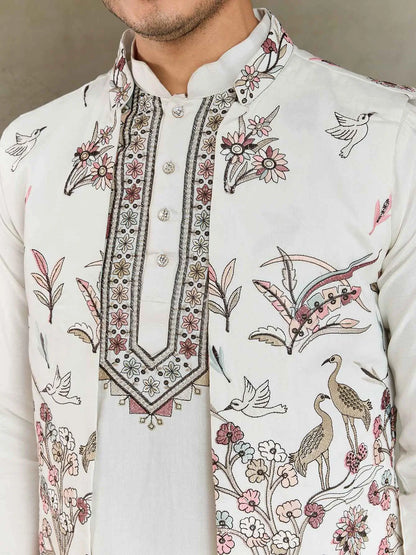 White Thread Sequins Embroidery Work Wedding Wear Silk Kurta And Jacket