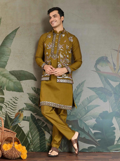 Golden Olive Silk Kurta Set With Thread Sequins Embroidery Work Koti(Jacket)