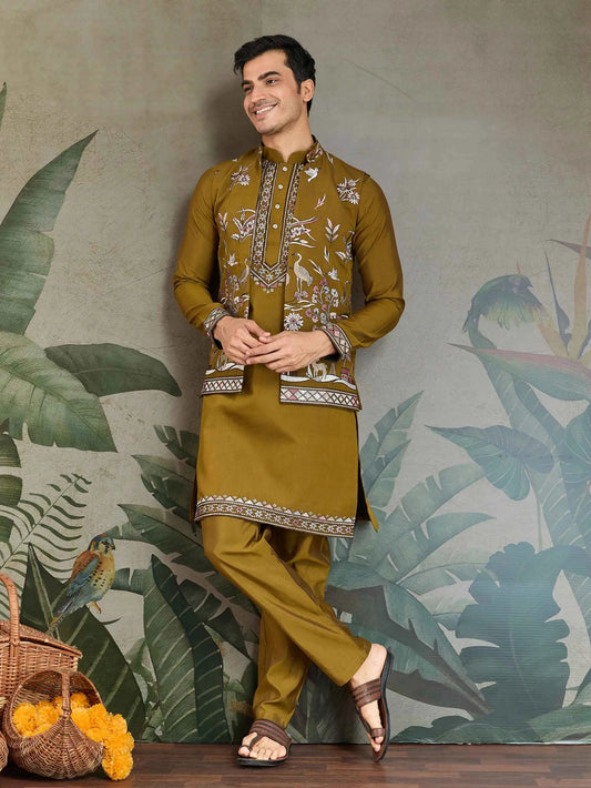 Golden Olive Silk Kurta Set With Thread Sequins Embroidery Work Koti(Jacket)