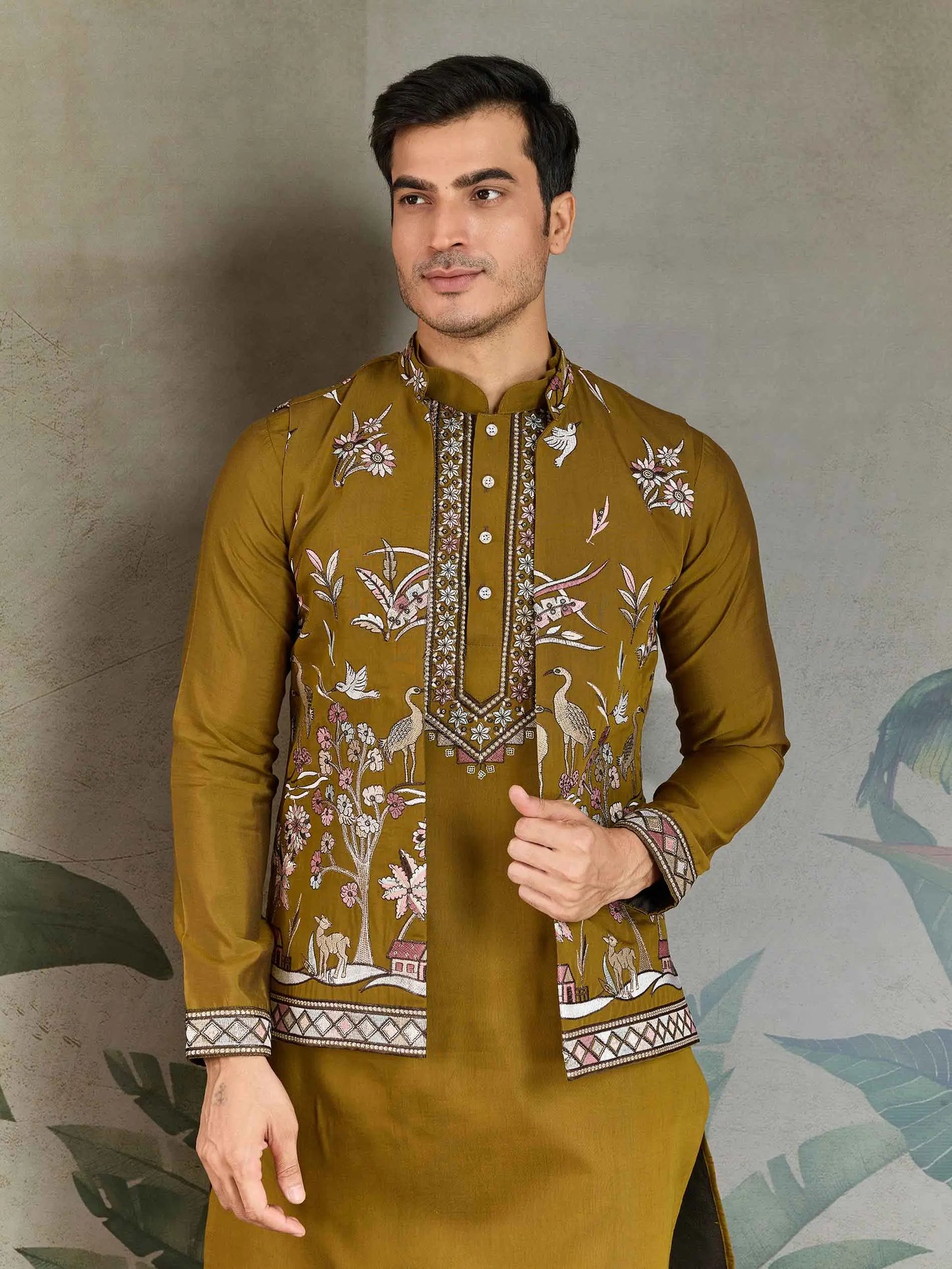 Golden Olive Silk Kurta Set With Thread Sequins Embroidery Work Koti(Jacket)