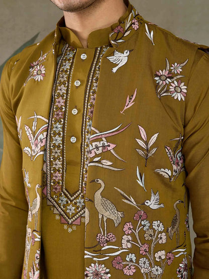 Golden Olive Silk Kurta Set With Thread Sequins Embroidery Work Koti(Jacket)