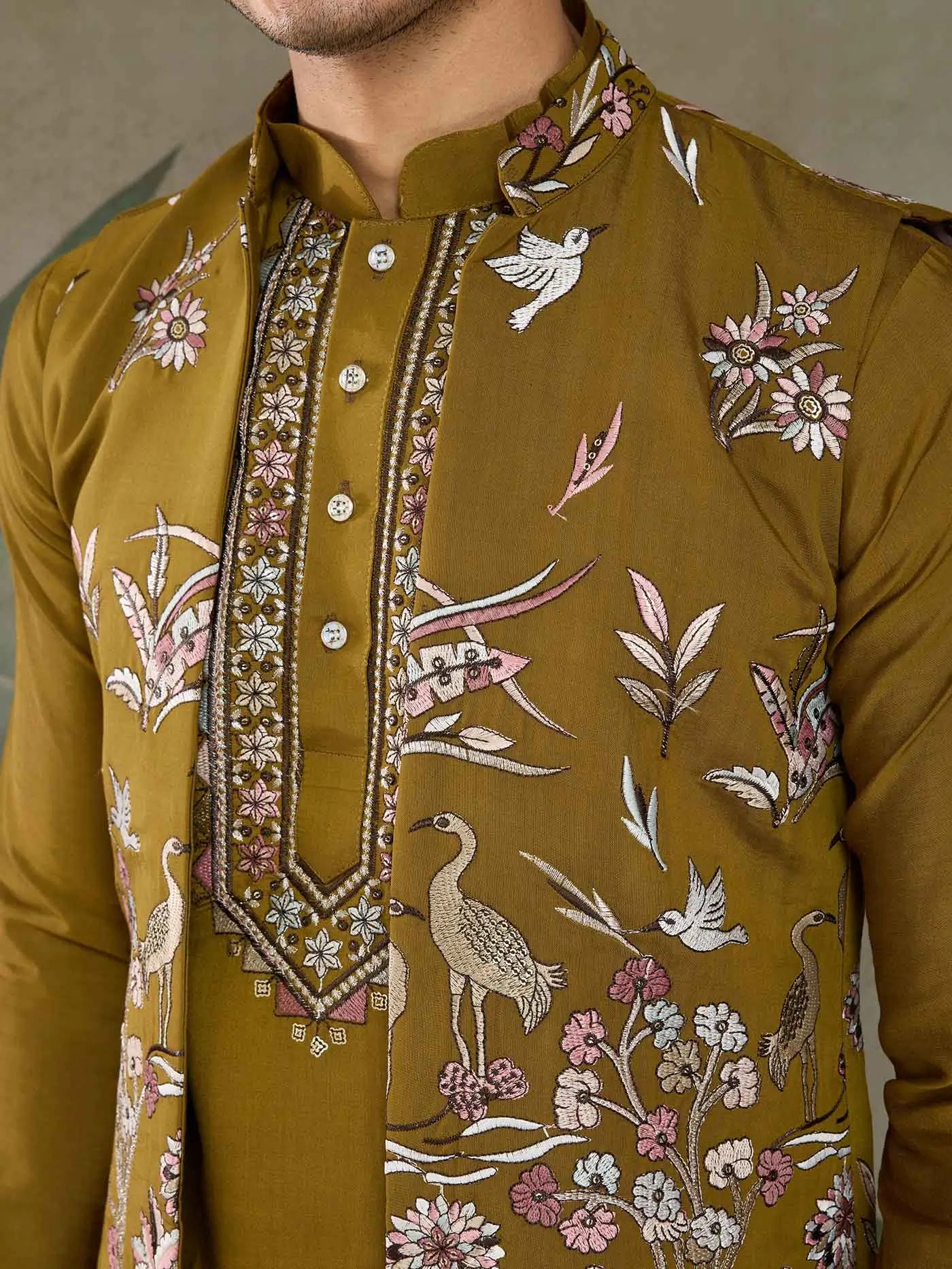 Golden Olive Silk Kurta Set With Thread Sequins Embroidery Work Koti(Jacket)