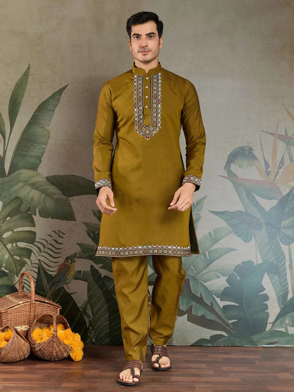 Golden Olive Silk Kurta Set With Thread Sequins Embroidery Work Koti(Jacket)