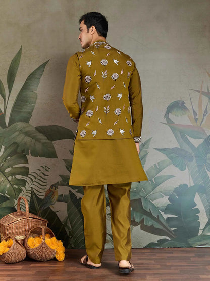 Golden Olive Silk Kurta Set With Thread Sequins Embroidery Work Koti(Jacket)